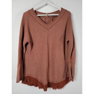 XCVI Womens V-Neck Waffle Knit Thermal Top Size Medium Brown Raw Hem Long Sleeve